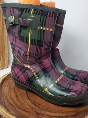 L.L. Bean Burgundy and Green Plaid Rain Boots